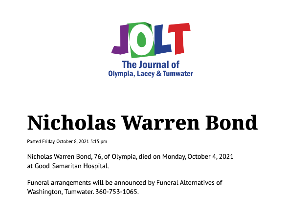 Obituary notice for Nicholas Warren Bond from The Journal of Olympia, Lacey & Tumwater.