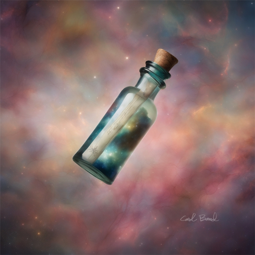 A corked glass bottle containing a rolled message drifts against a colorful field of stars.