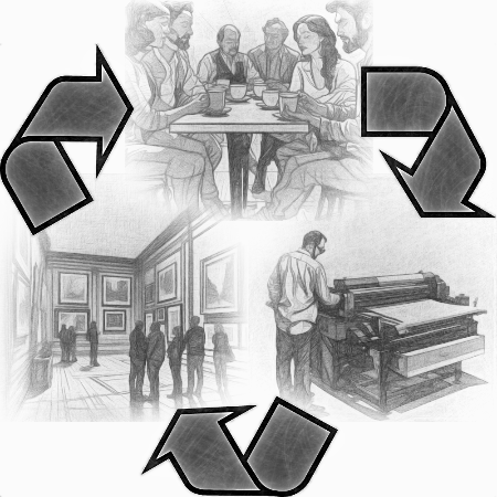 Sketch collage: brainstorming over coffee, a printing press, and visitors in a gallery, linked by recycling arrows.